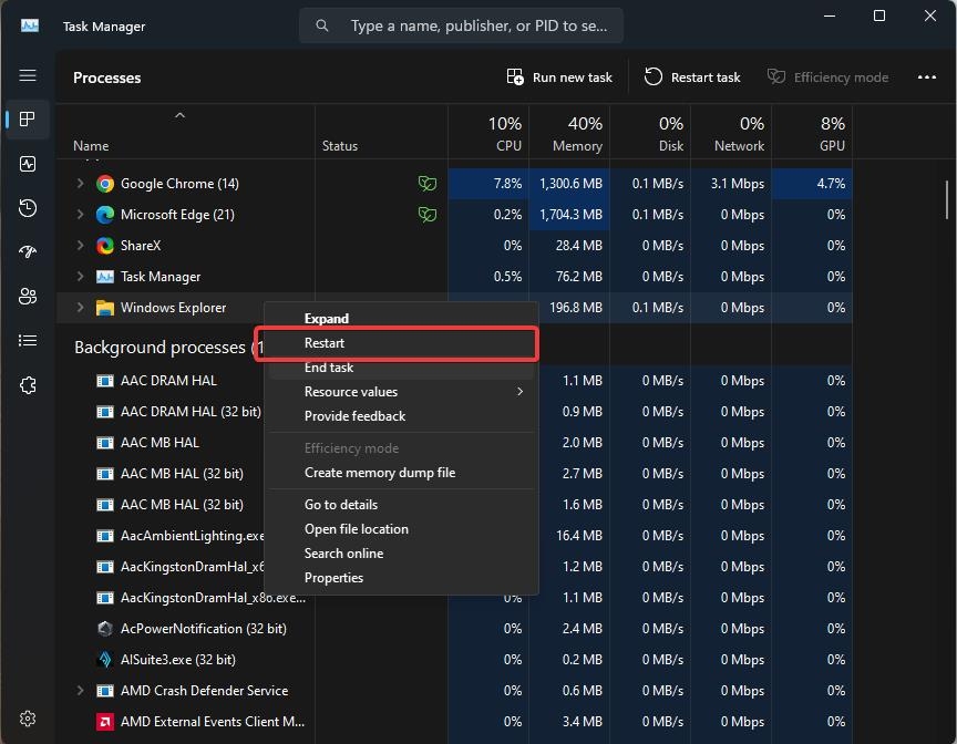 Reiniciar Windows Explorer - Janela do Servidor DDE