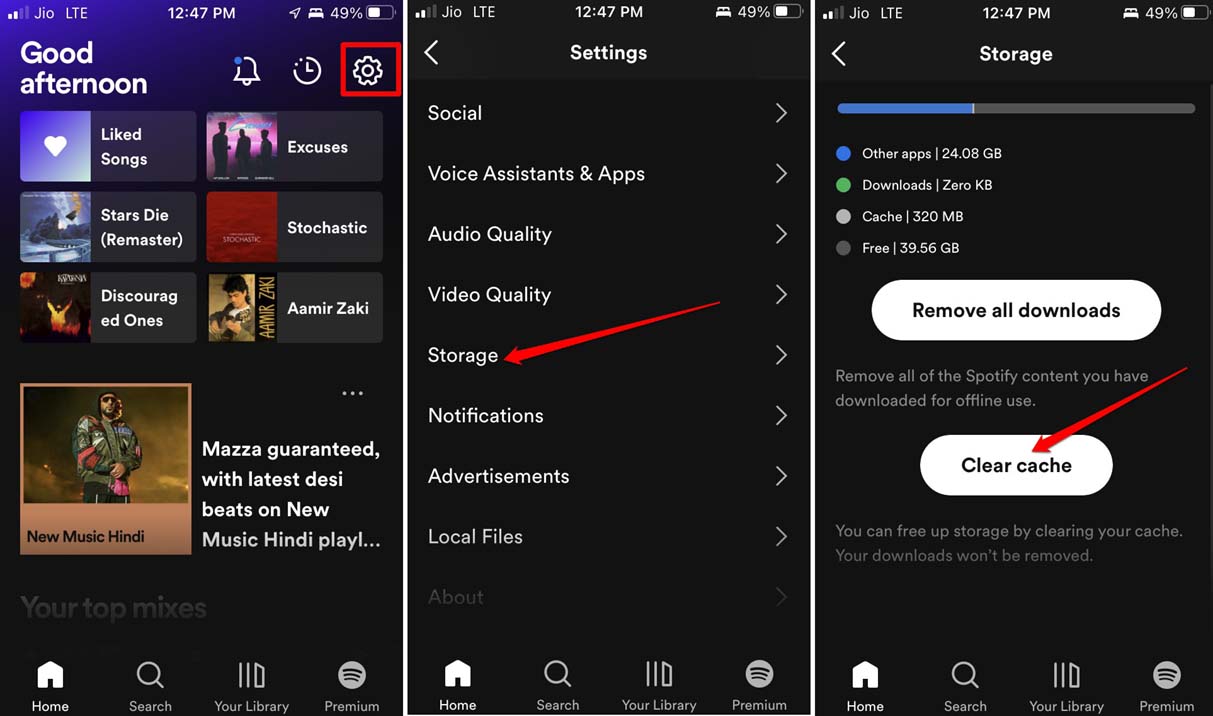 очистить кэш Spotify iOS