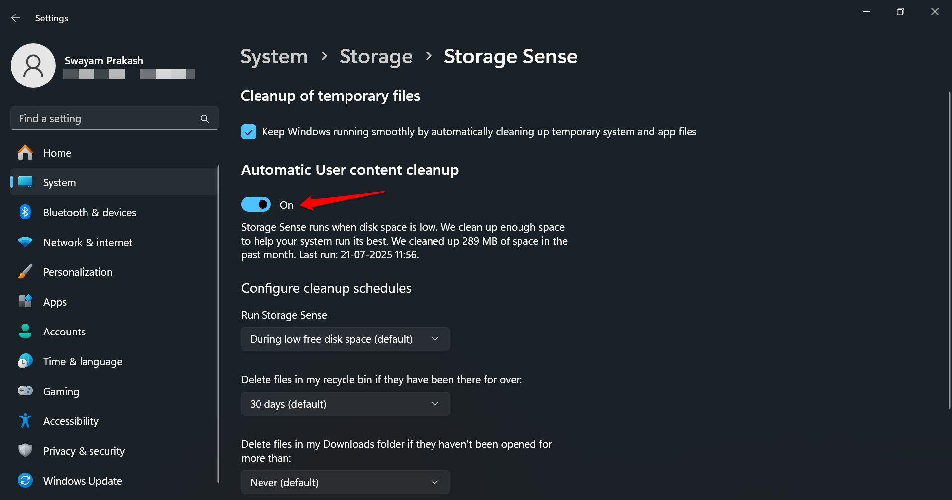 Windows 11에서 임시 파일의 자동 정리 활성화