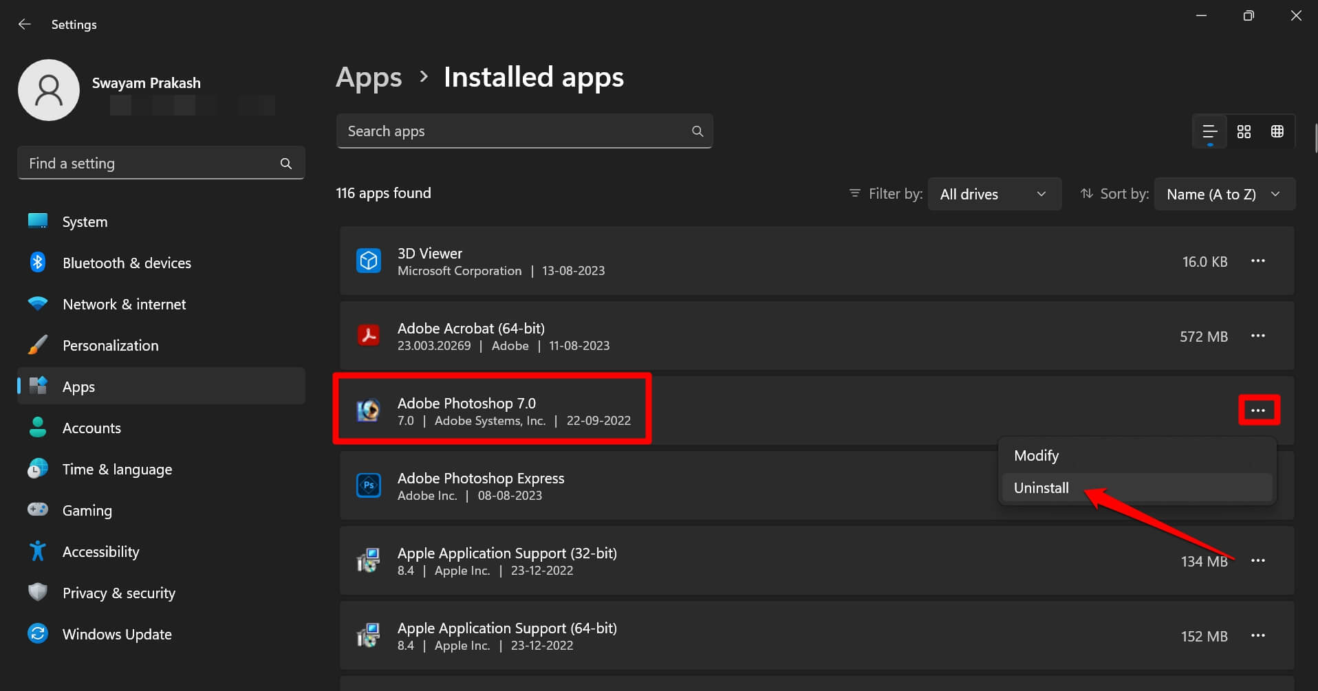 Windows OS에서 앱 제거
