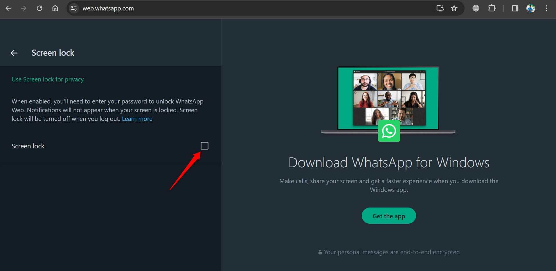abilita blocco schermo su whatsapp web