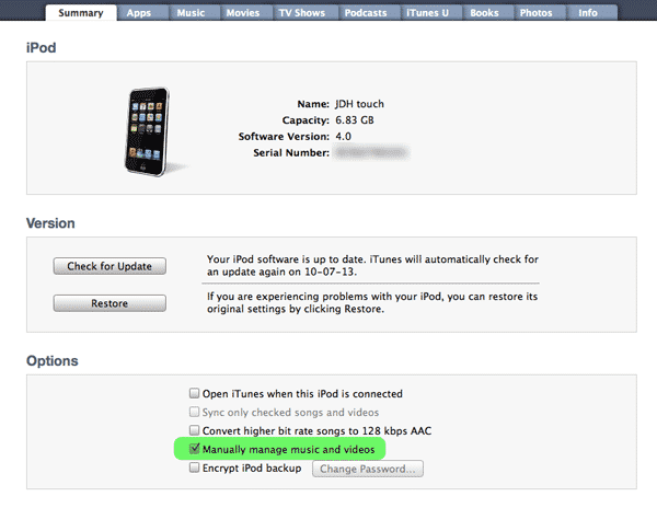 Trasferire file manualmente su iPod touch