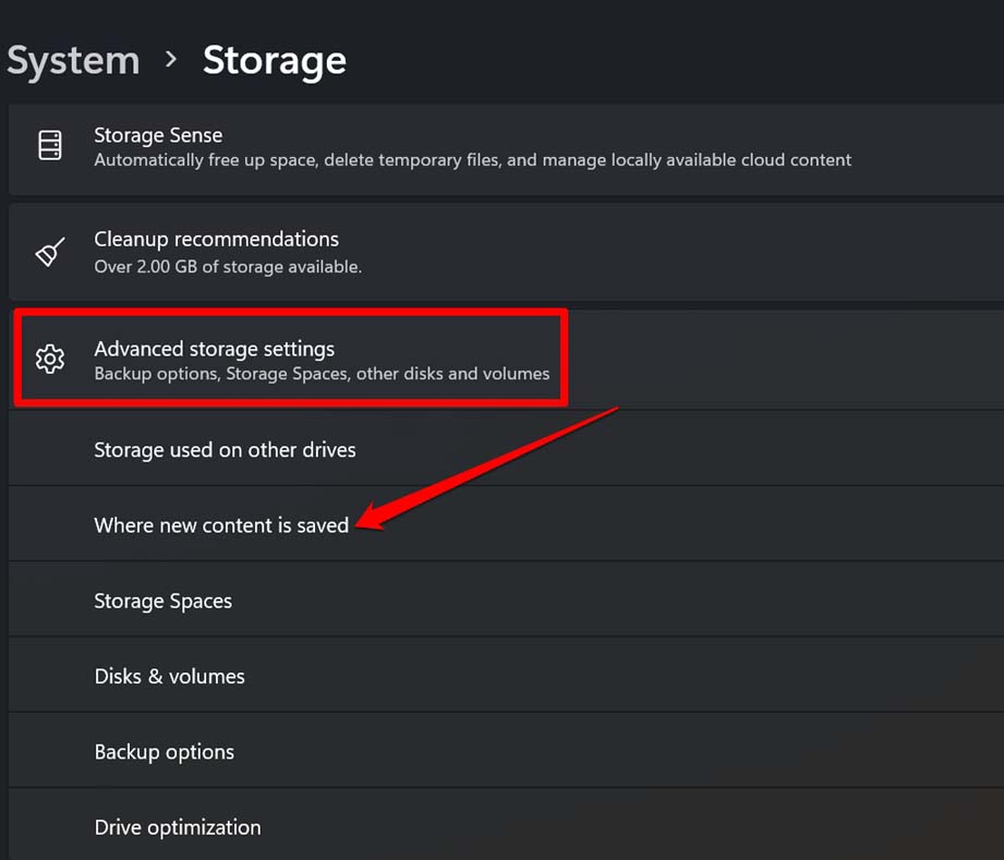 impostazioni di archiviazione avanzate del sistema operativo Windows