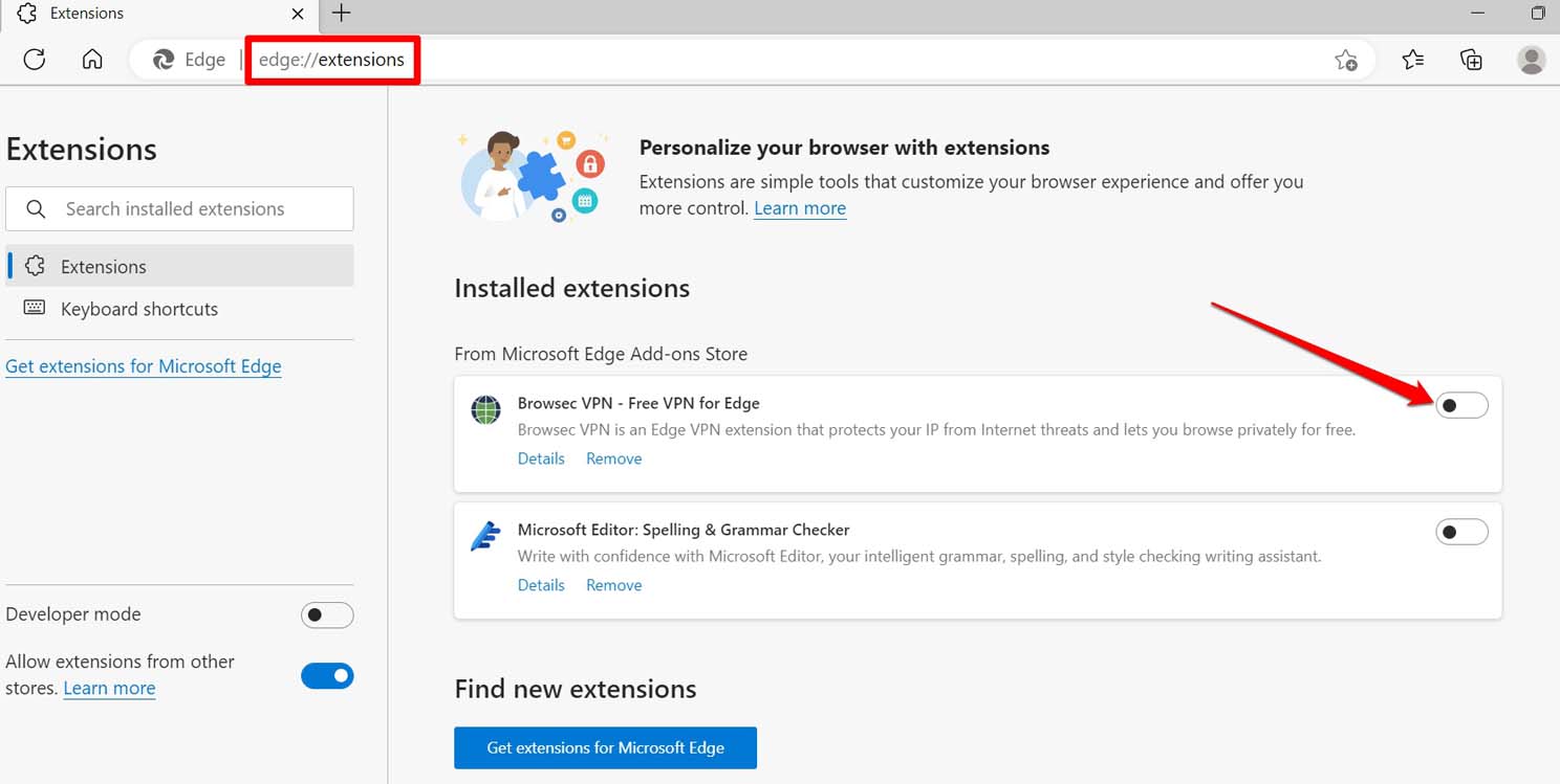 désactiver les extensions sur le navigateur Edge