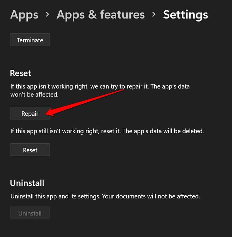 ripara l'app Impostazioni