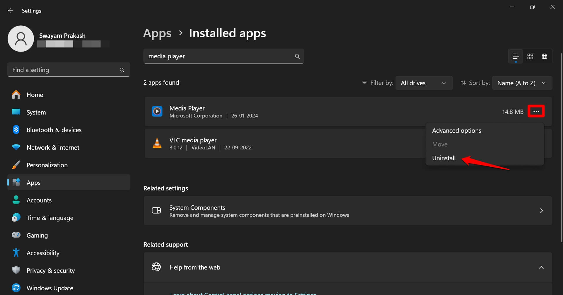 disinstalla Windows media player