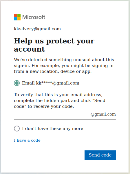 Conferma l'identità fornendo un codice inviato alla tua email di recupero