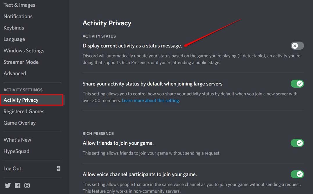 desactivar actividad actual como mensaje de estado Discord