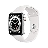 애플 워치 시리즈 6 (GPS + 셀룰러, 44mm) - 은색 스테인리스 스틸 케이스와 화이트 스포츠 밴드