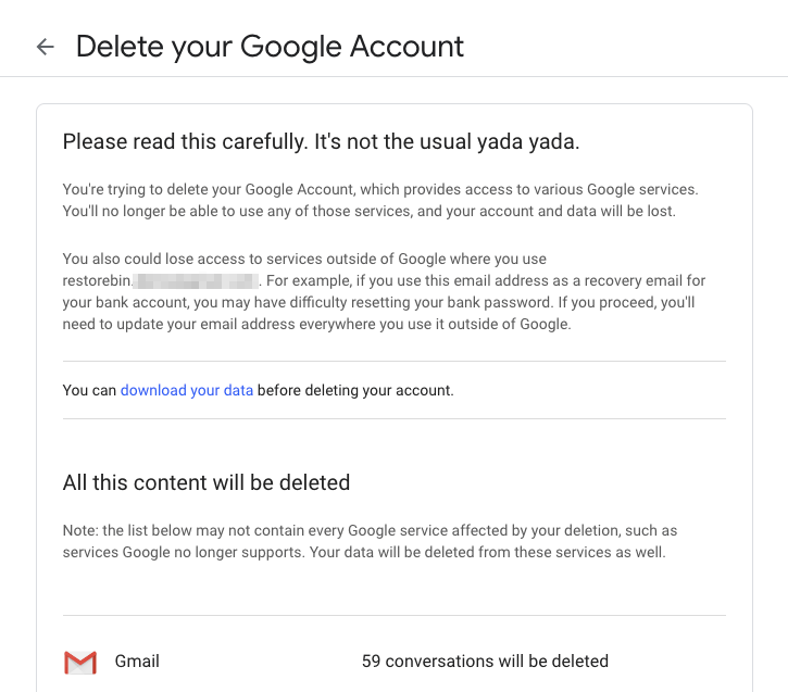 Bestätigungsseite zum Löschen Ihres Google-Kontos