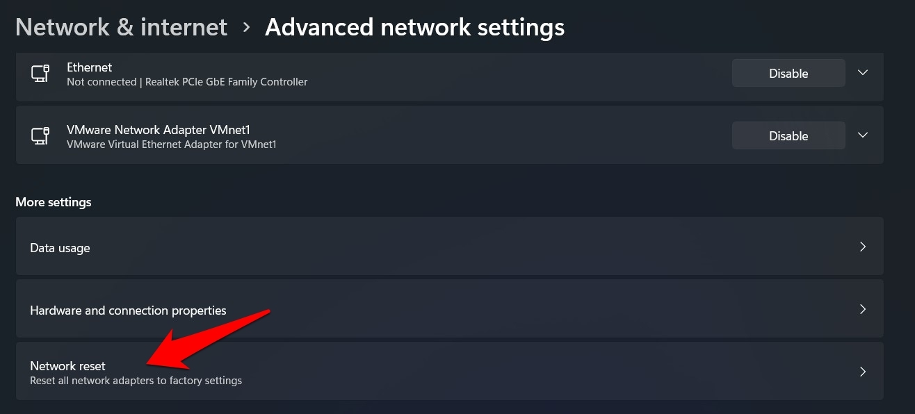 option de réinitialisation du réseau windows 11