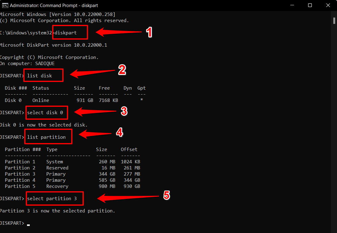 comando de selecionar partição no windows 11