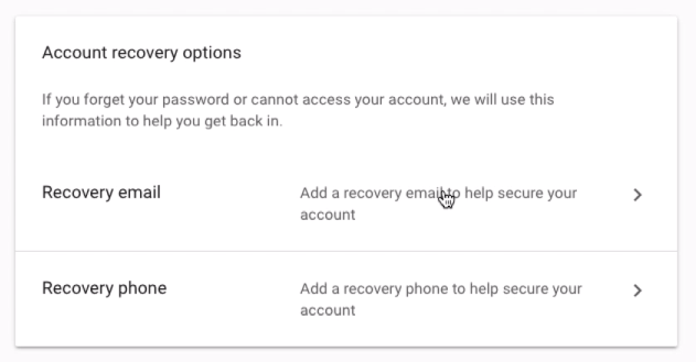 Email de recuperação e número de telefone na Conta do Google