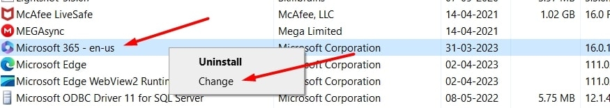 Modifier Microsoft Office - Erreur Word 0x88ffc009 dans Windows 10/11