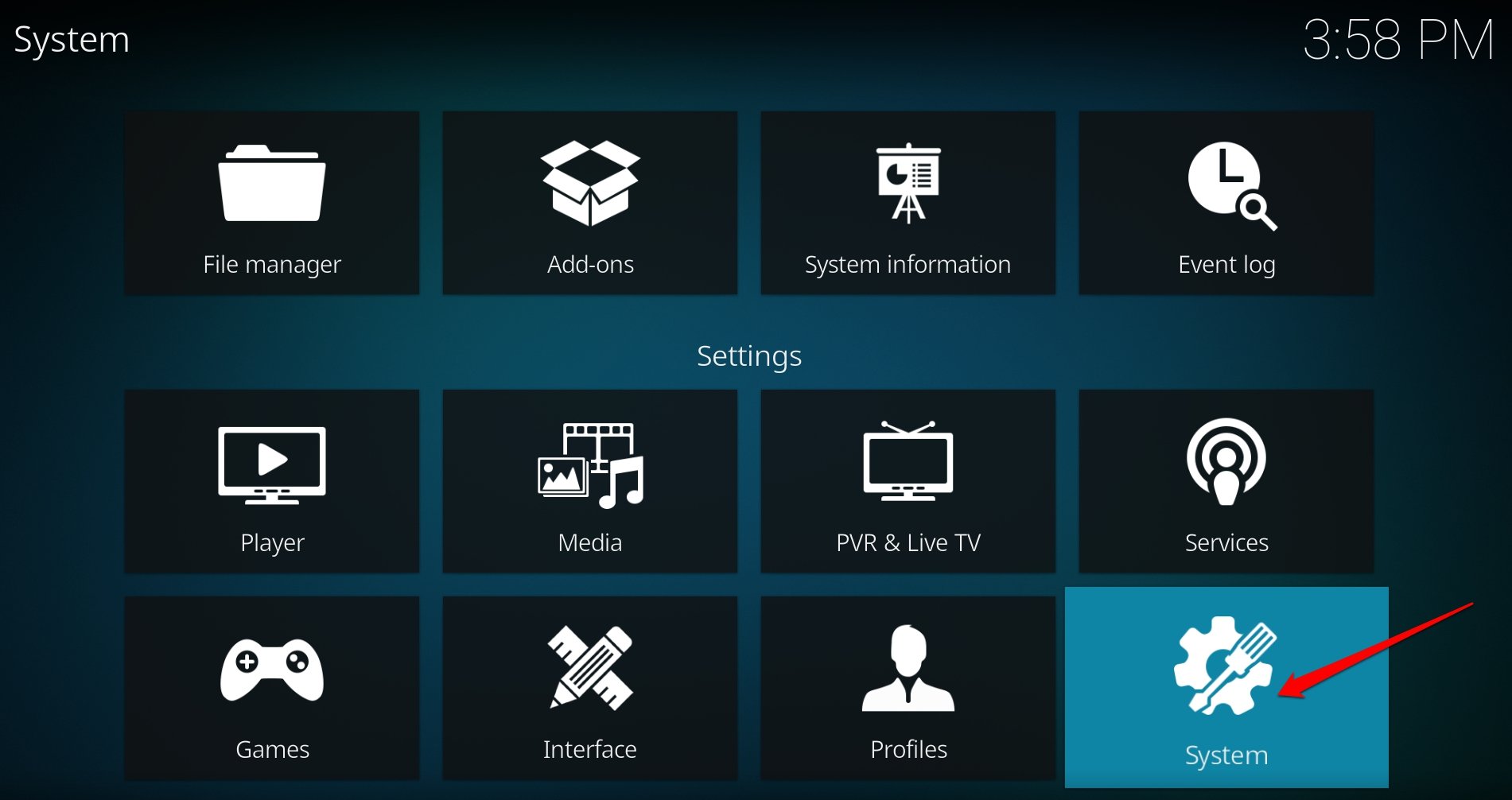 configurações do sistema Kodi