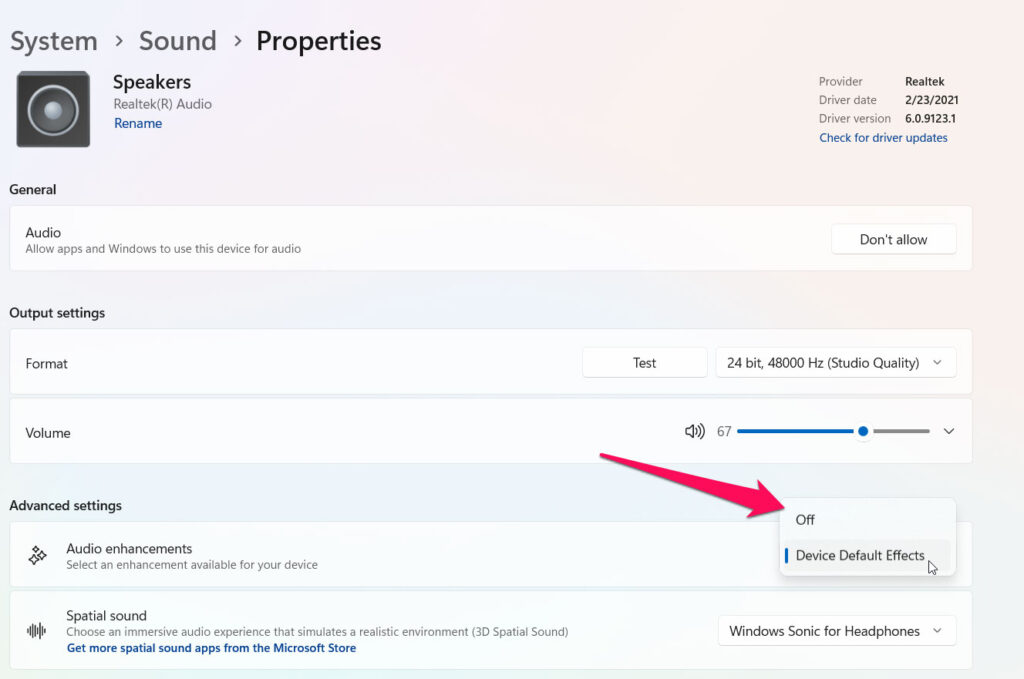 Désactiver les améliorations audio - Services audio ne répondent pas sur Windows