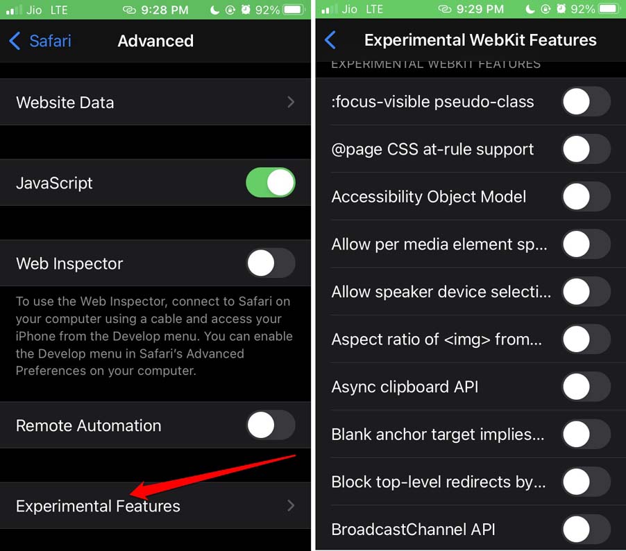 désactiver les fonctionnalités expérimentales sur Safari