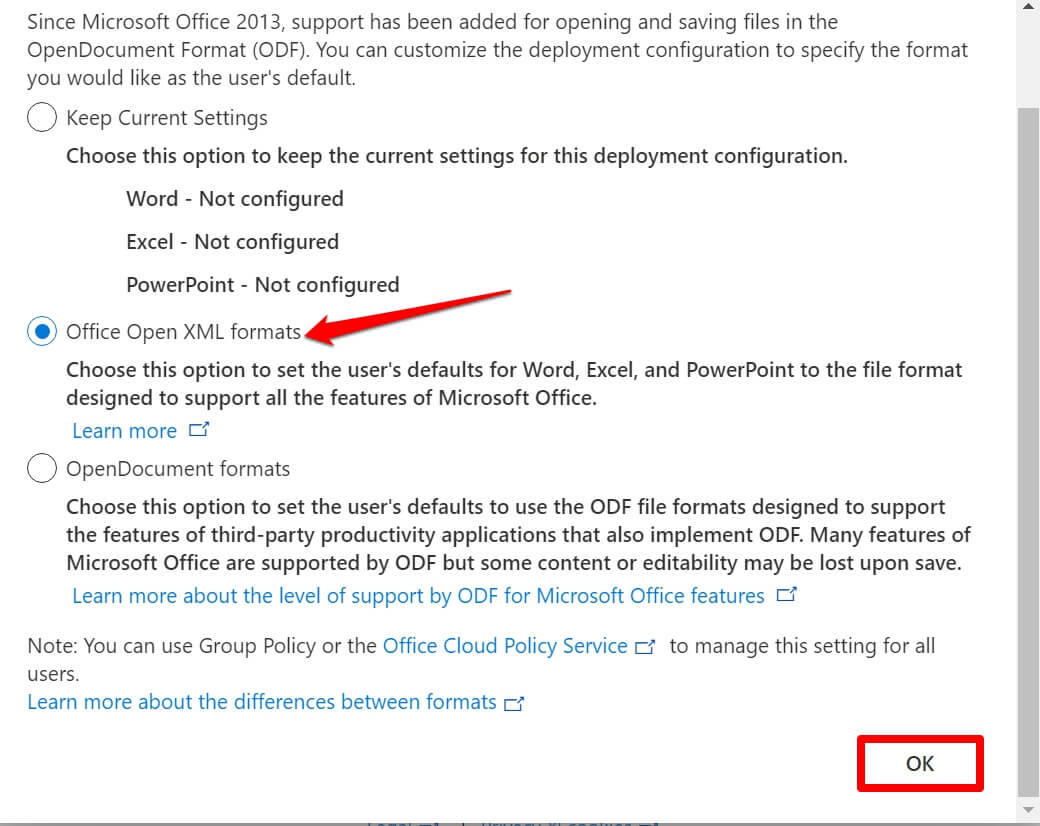 Wählen Sie Office Open XML-Formate aus
