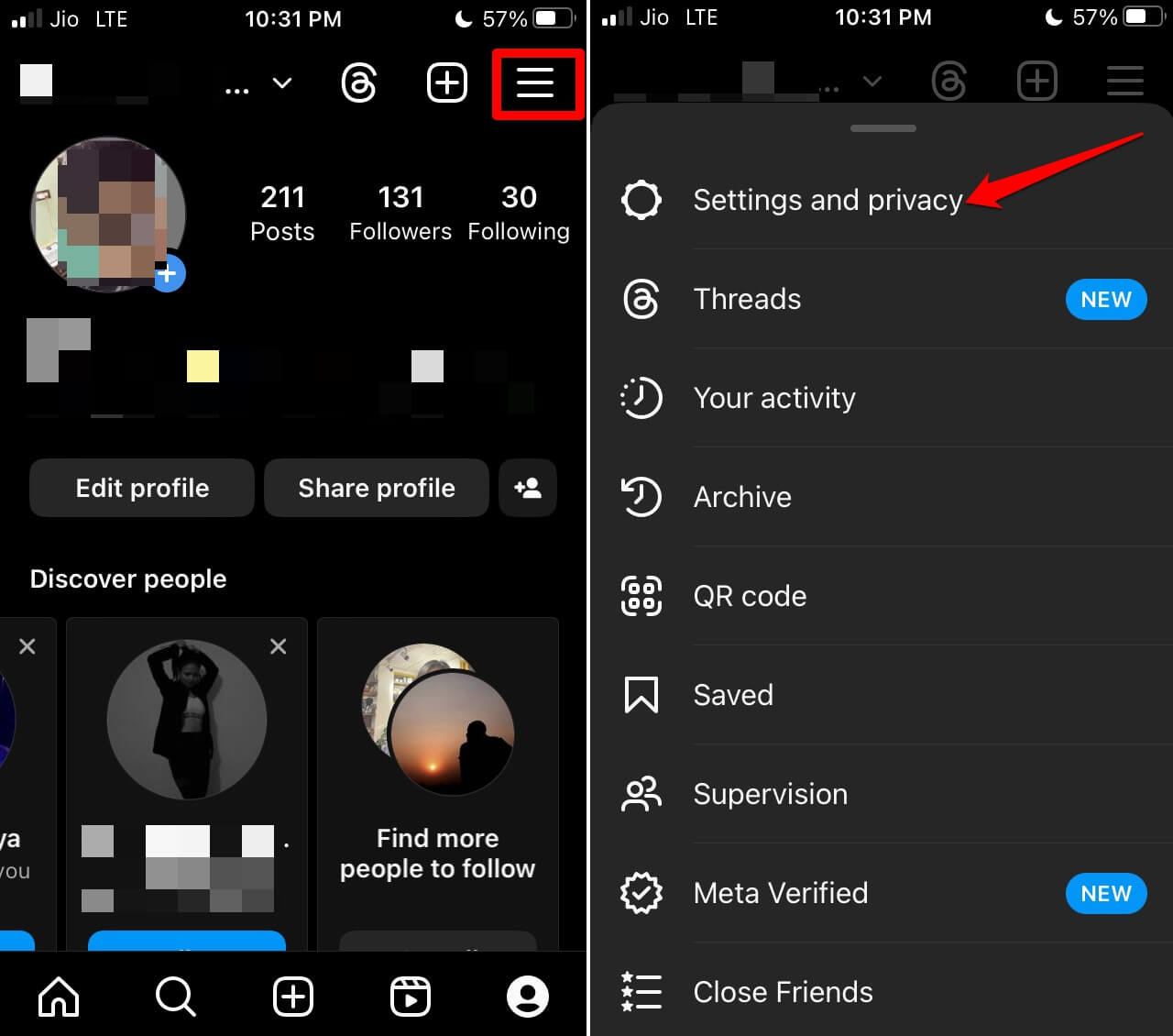 раздел настроек Instagram