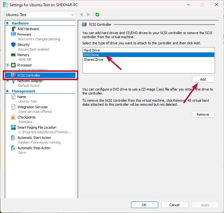DVD-Laufwerk zur virtuellen Maschine im Hyper-V-Manager hinzufügen - Hyper-V auf Windows 11