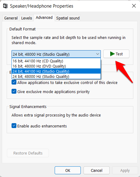probar tasas de bits de audio windows 11