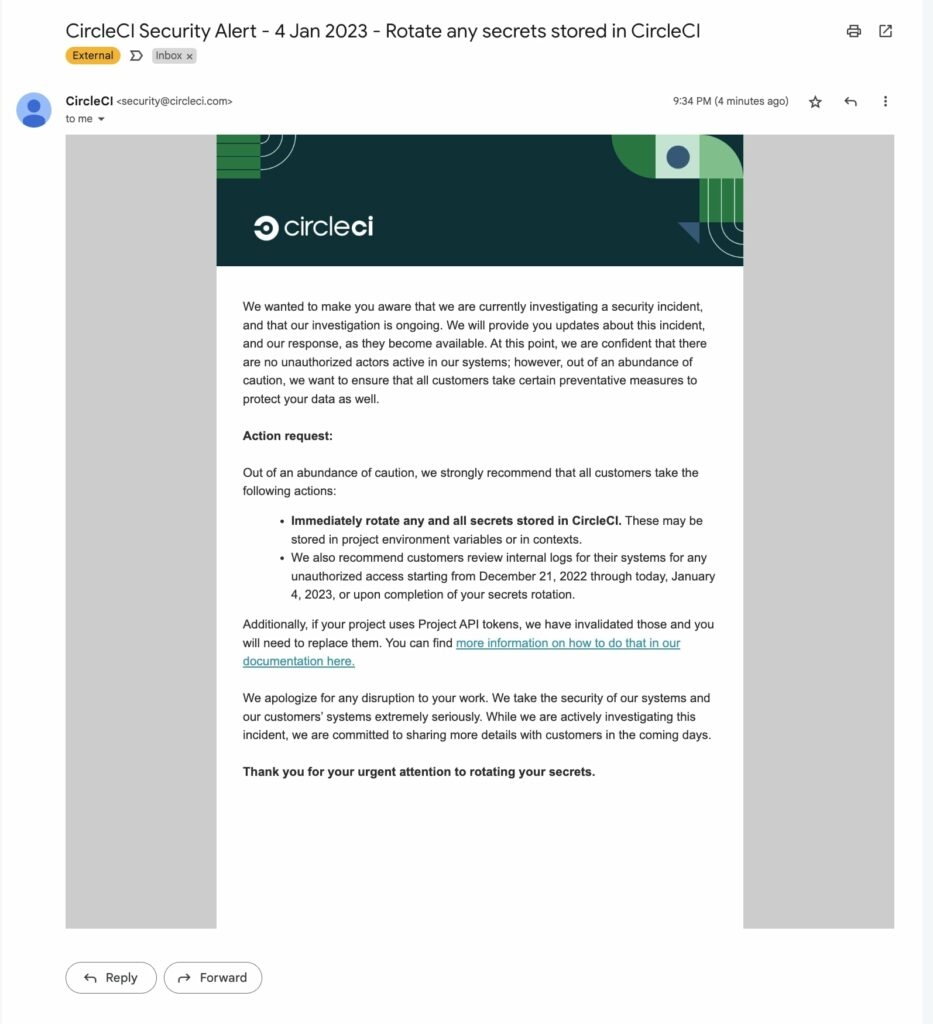CircleCi notificando seu cliente sobre o incidente de segurança