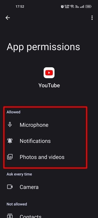 Concedi le autorizzazioni necessarie all'app YouTube - Problema di chiusura dell'app YouTube