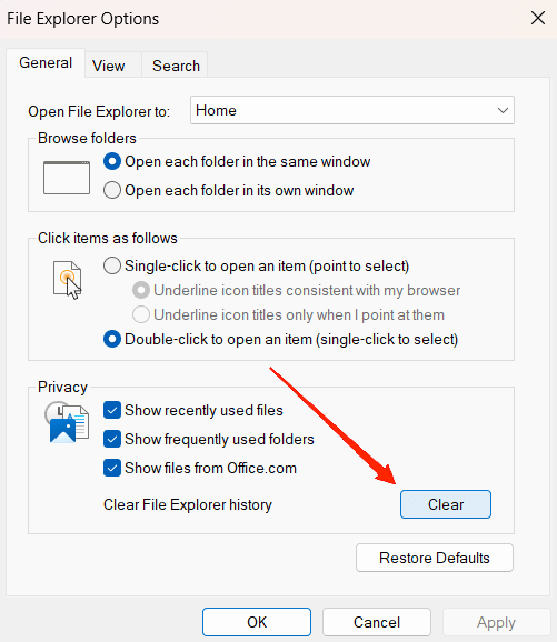 Cliquez sur Effacer sous l'option Confidentialité.