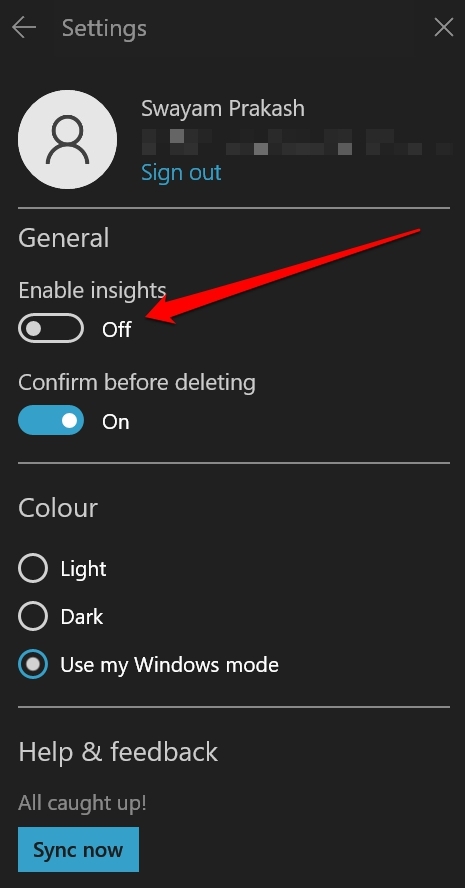 disabilita insights su Sticky Notes