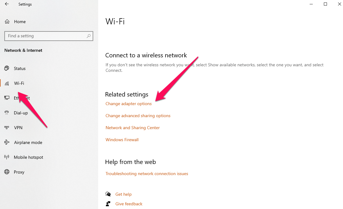 abriendo la Configuración de red, ve a WiFi y luego haz clic en 'Cambiar opciones de adaptador'