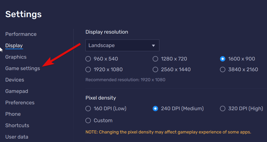 Option Spieleinstellungen aus dem linken Navigationsbereich