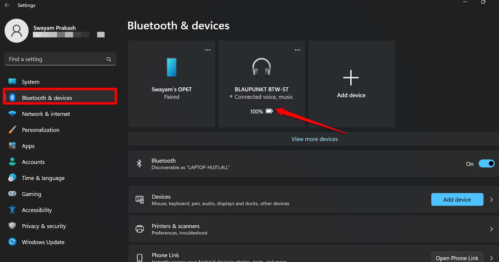 Bluetoothヘッドフォンのバッテリー残量を確認する