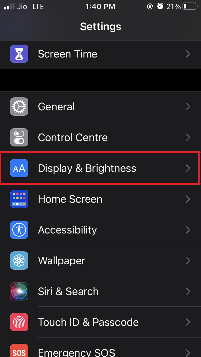ouvrir l'affichage et la luminosité iOS