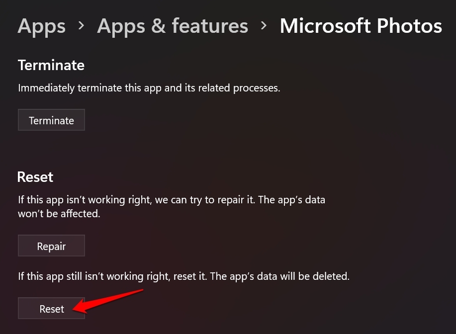 Microsoft Photosアプリをリセット