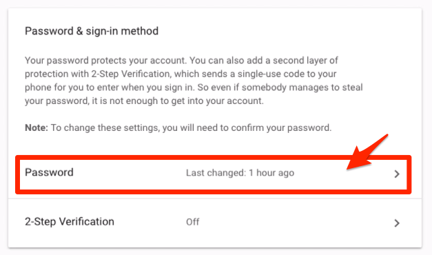 Opção Mudar Senha na Conta do Google