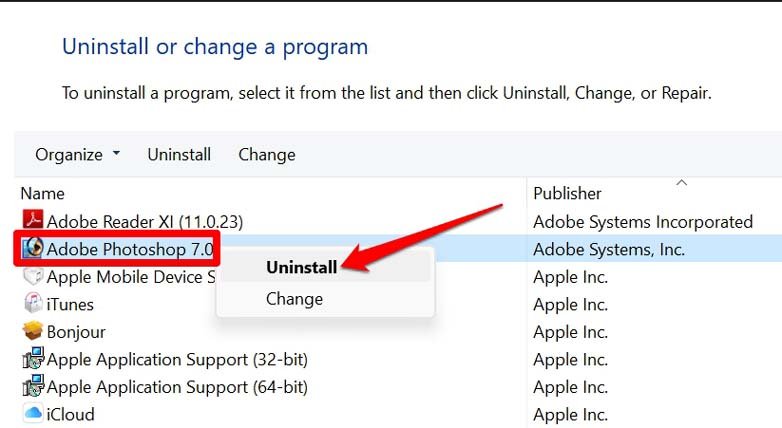 disinstalla photoshop da Windows