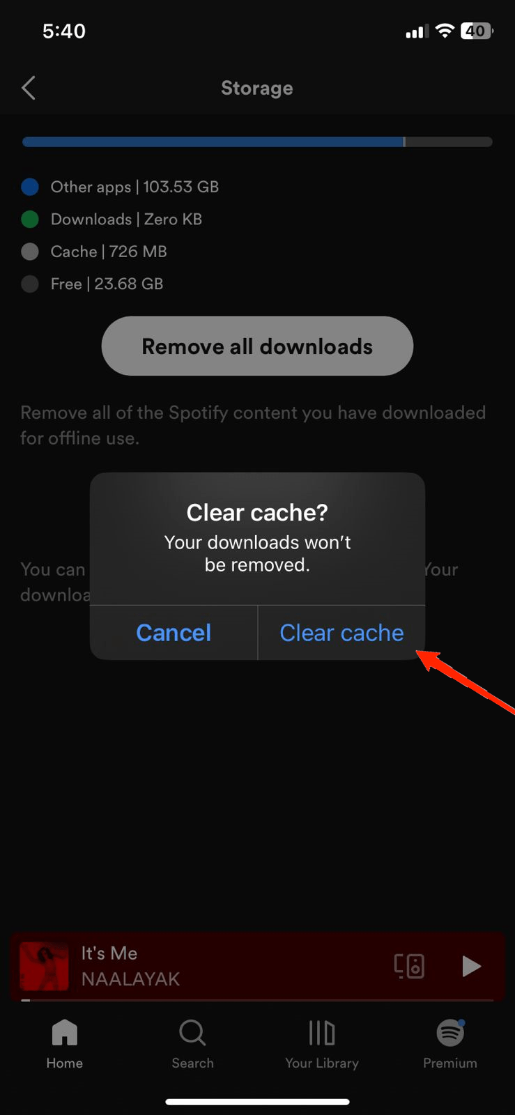 confirmar borrar almacenamiento de la app de spotify