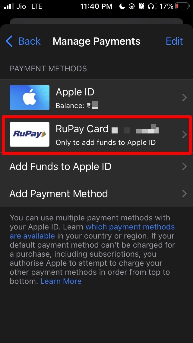 seleziona il metodo di pagamento da rimuovere