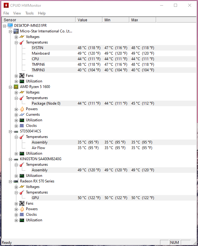 대기 상태에서의 CPU 온도 스냅샷