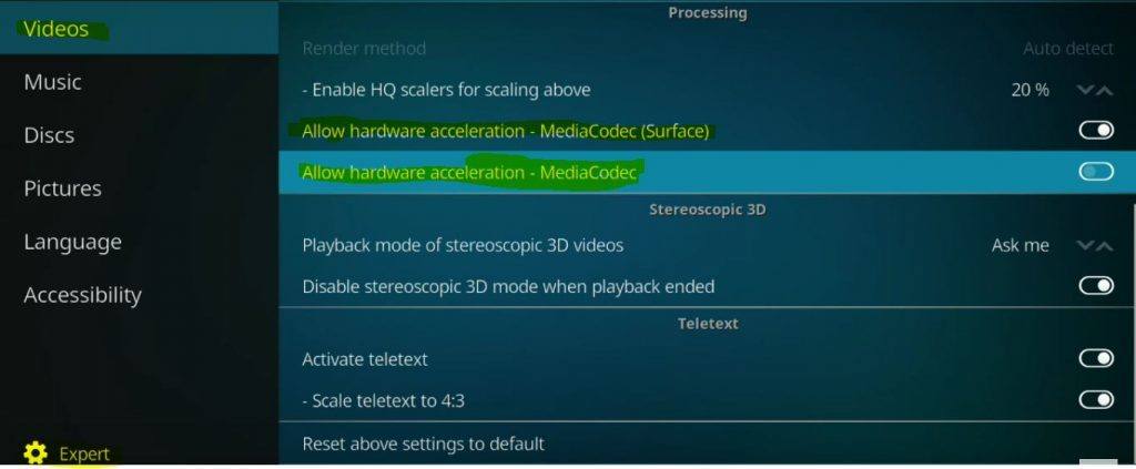 Настройки плеера Kodi
