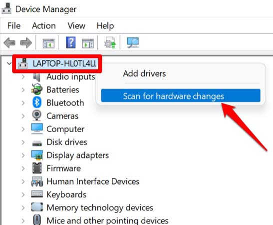 scansiona per modifiche hardware sul pc
