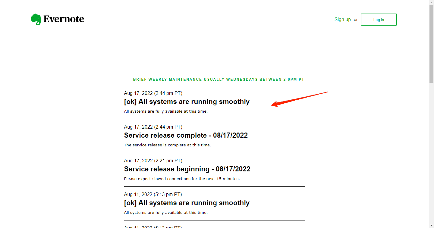 Verifica el estado del servidor de Evernote