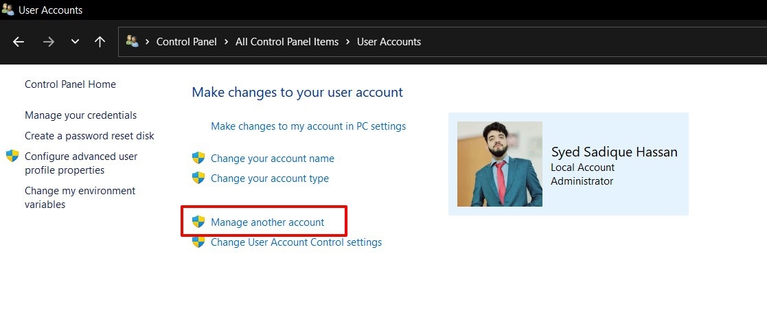 gestisci un altro account windows 11