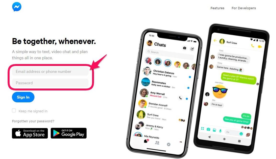 Login do Facebook Messenger Web