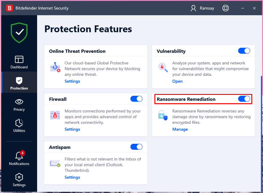 Bitdefender desarrolló una función dedicada para prevenir que el malware ransomware ingrese a la máquina y eliminarlo si hay alguno