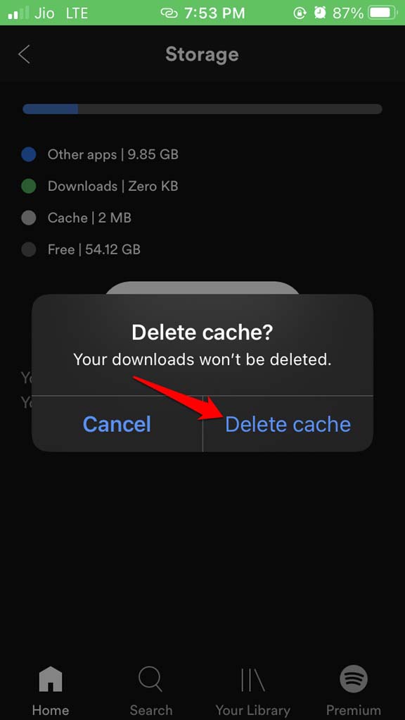 confirmar borrado de caché de Spotify para iOS