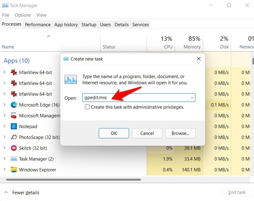 Gruppenrichtlinien-Editor in Windows 11 über Task-Manager öffnen