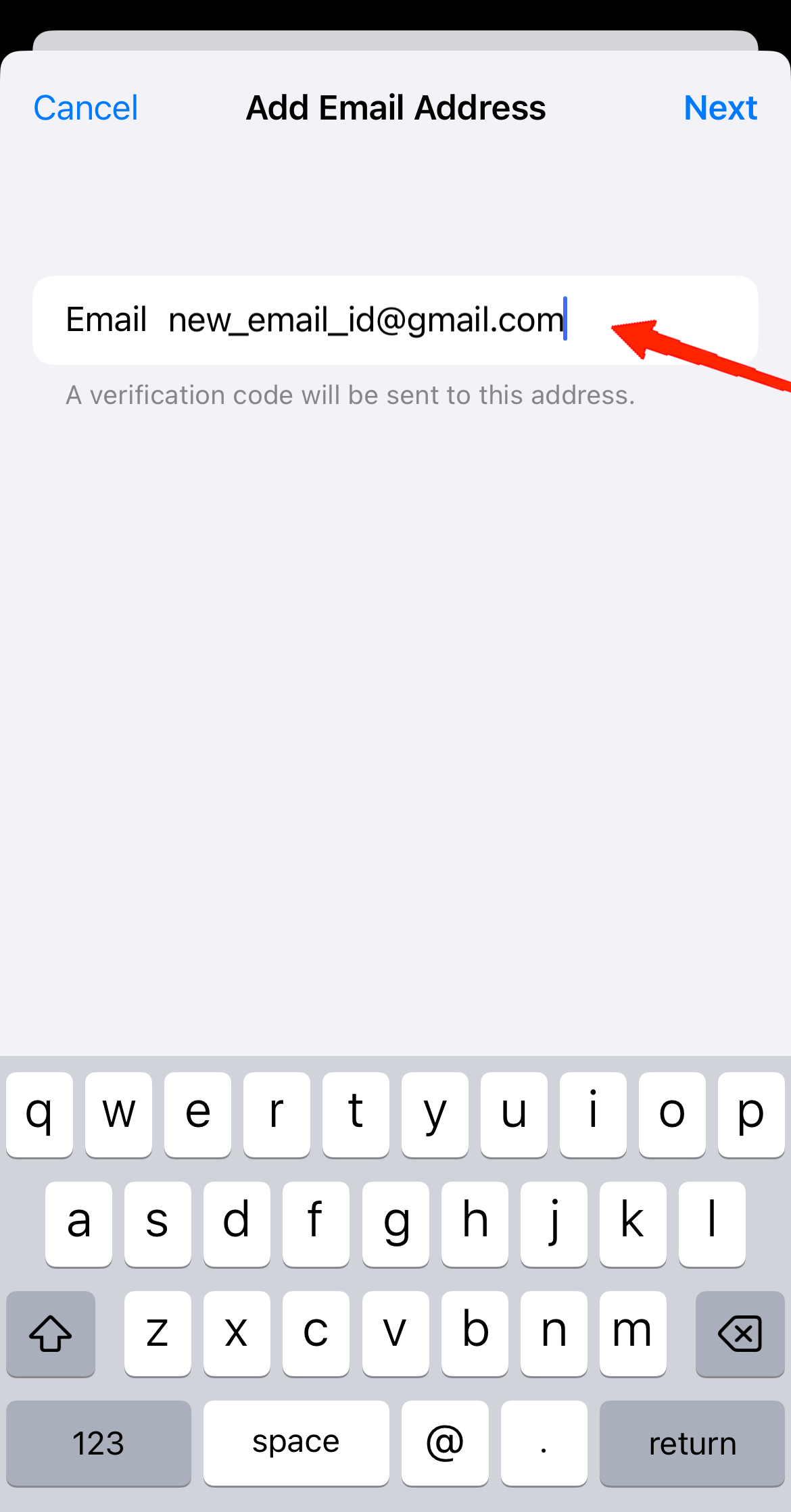 Digite um novo email ID que você deseja conectar à sua conta Apple.
