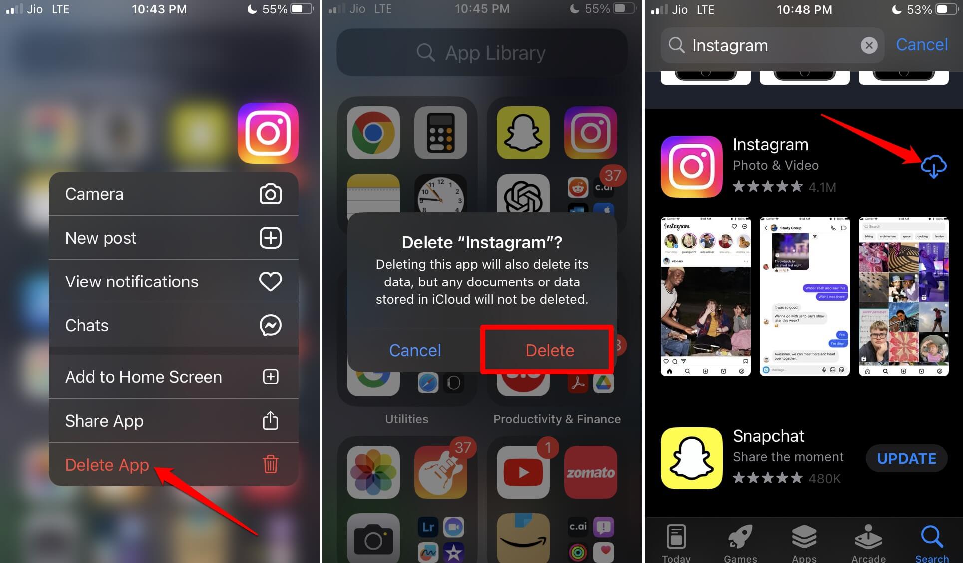 Instagram von iPhone löschen und die App neu installieren