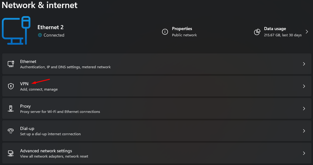 “VPN”を選択してさらにオプションを表示する